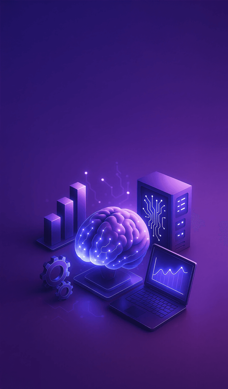 3D brain with data charts and server, representing machine learning consulting
