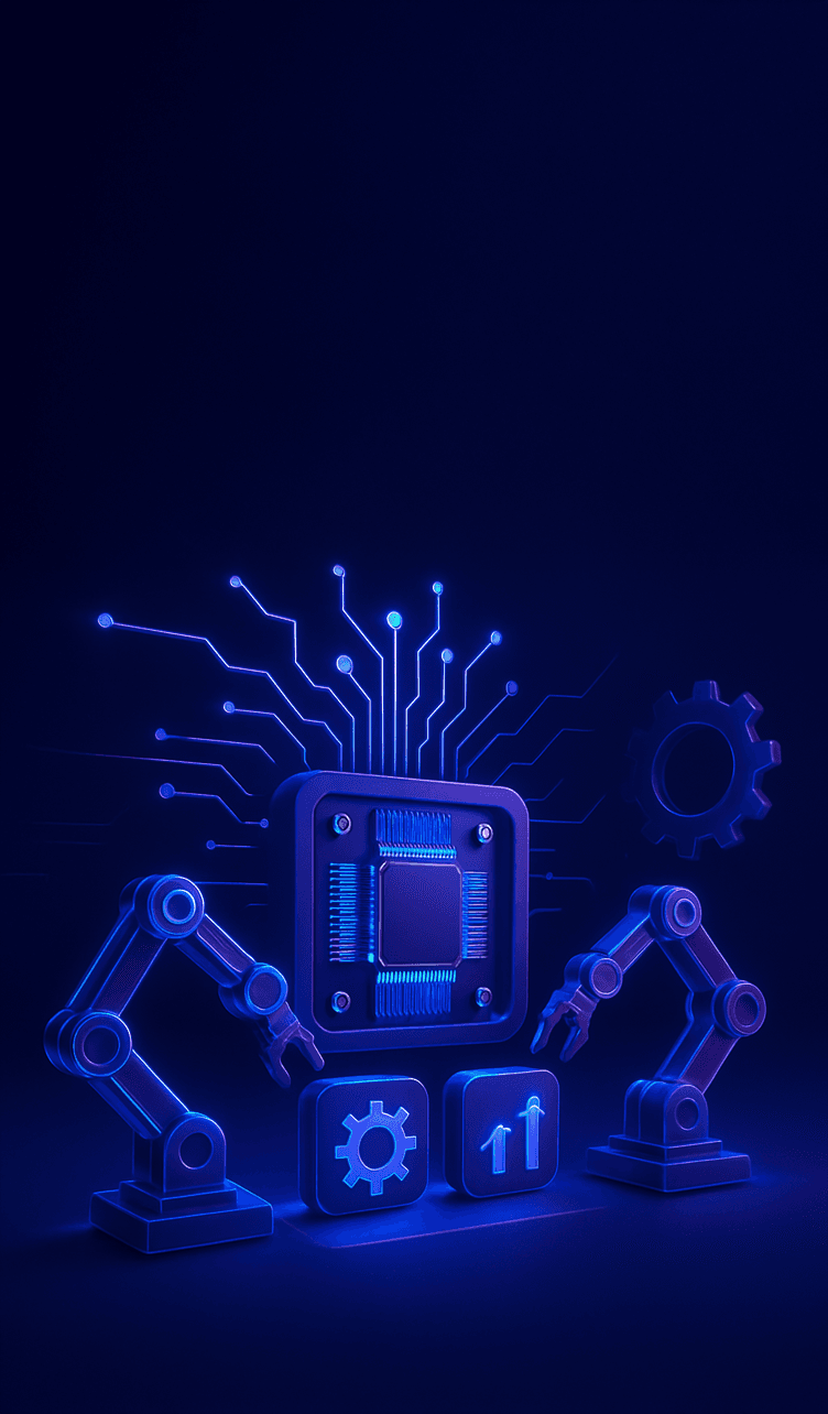 AI robotic arm automating a digital process with gears and circuit elements