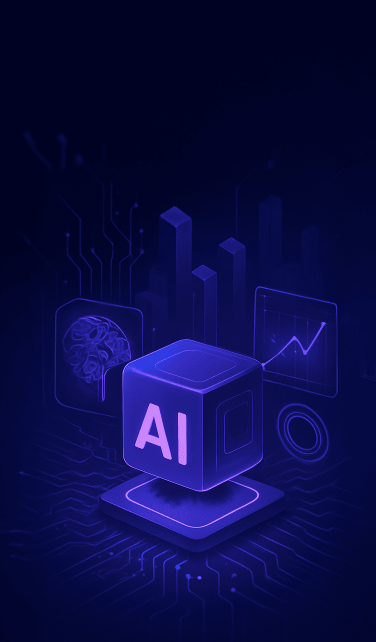 AI consulting visual with neural network, data charts, and cube labeled AI