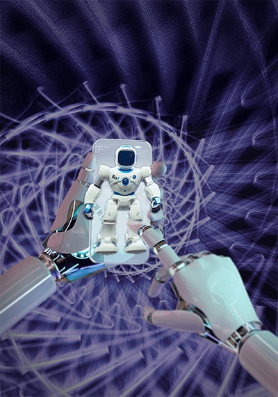 Robotic hands holding a mini robot in front of a smartphone, representing image-based search technology by PAIRC