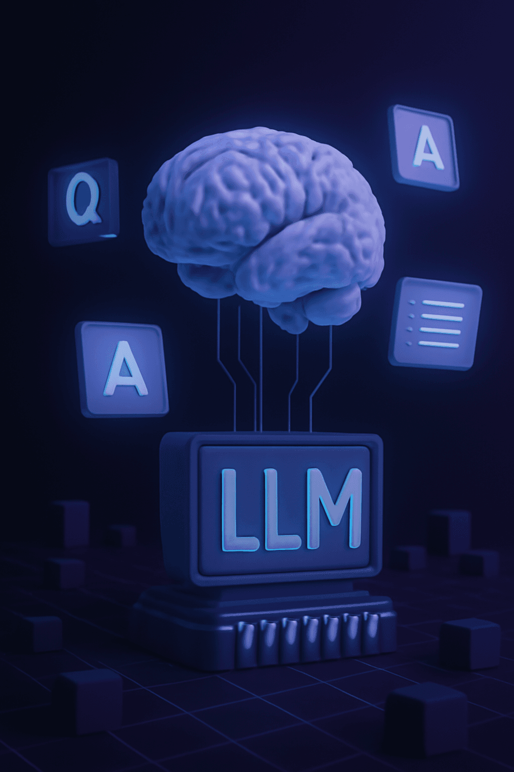 Floating brain with LLM, Q&A, and document icons representing AI model case studies and use cases